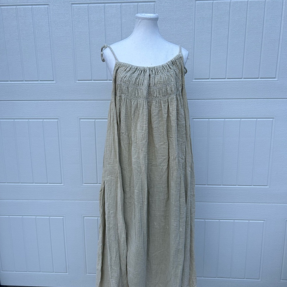 Neuflora Anastasia Greenish-Beige Spaghetti Strap Gauze Maxi Dress